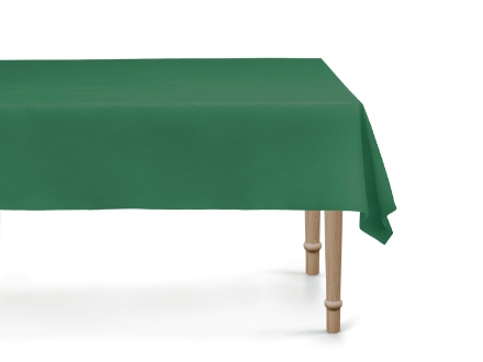 Tmavě zelený ubrus 137 × 183 cm z PP materiálu, omyvatelný a opakovaně použitelný, vhodný na svatby, vánoční oslavy i zahradní party.
