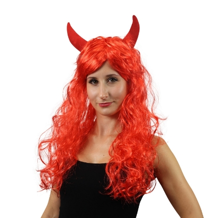 Červená kudrnatá paruka s rohy – doplněk ke kostýmu čertice nebo ďáblice, ideální na Mikuláše a Halloween