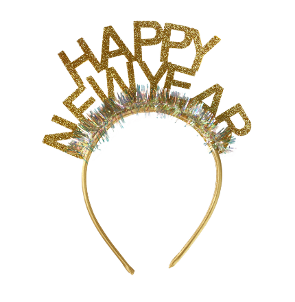 Zlatá čelenka s třpytivým nápisem HAPPY NEW YEAR – stylový doplněk pro silvestrovskou oslavu.