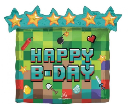 Fóliový balonek Pixel Party s nápisem Happy B-Day v herním designu 63 x 58 cm
