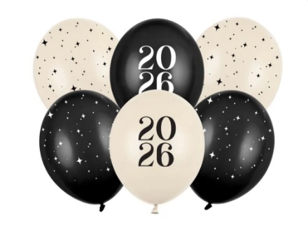 Latexové balonky Happy New Year 2026 v černo-béžové kombinaci s potiskem hvězdiček – 6 ks