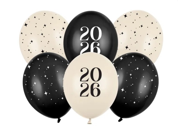 Latexové balonky Happy New Year 2026 v černo-béžové kombinaci s potiskem hvězdiček – 6 ks