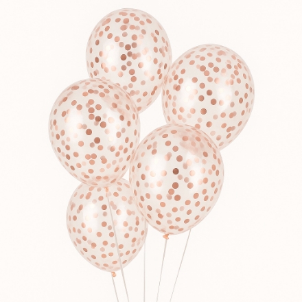 Průhledné balónky s konfetami v barvě rose gold – 5 ks, 30 cm
