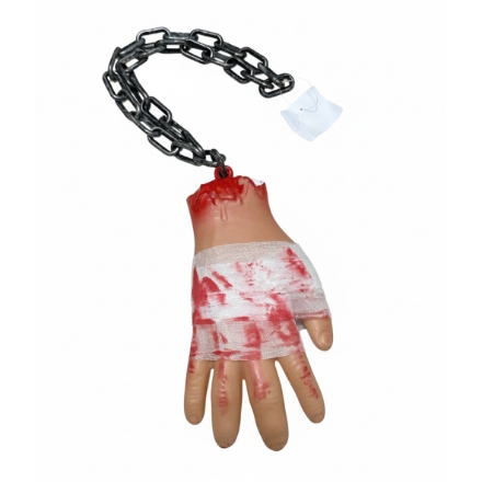Uťatá ruka s obvazy a plastovým řetězem – halloweenská dekorace 60 cm