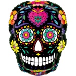 Fóliový balonek Sugar Skull Mighty Black s barevnou lebkou inspirovanou mexickým svátkem Día de los Muertos