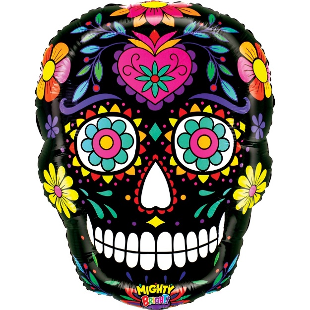 Fóliový balonek Sugar Skull Mighty Black s barevnou lebkou inspirovanou mexickým svátkem Día de los Muertos