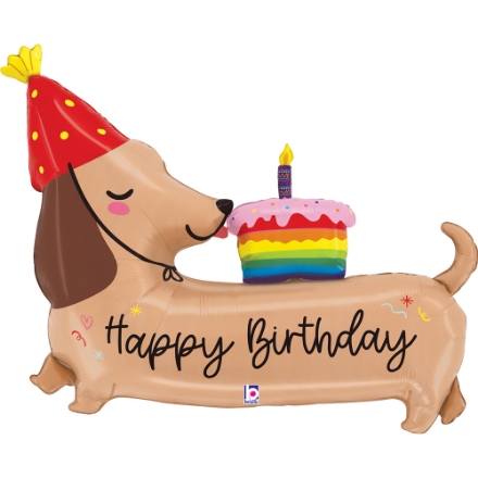 Fóliový balonek Jezevčík s dortem a nápisem Happy Birthday – roztomilá narozeninová dekorace