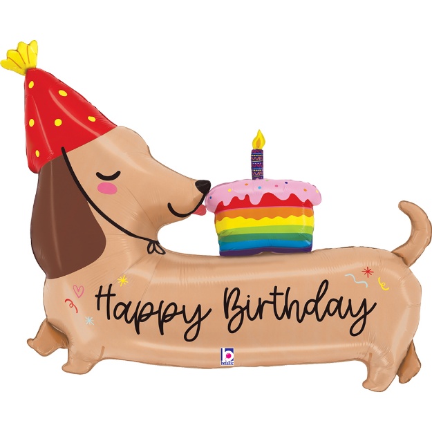 Fóliový balonek Jezevčík s dortem a nápisem Happy Birthday – roztomilá narozeninová dekorace