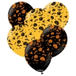 Černé a oranžové latexové balonky Kalisan s halloweenským potiskem dýní, netopýrů a pavouků, 30 cm, balení 6 ks