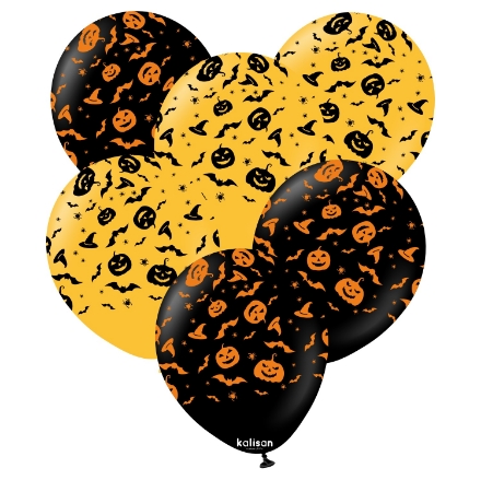 Černé a oranžové latexové balonky Kalisan s halloweenským potiskem dýní, netopýrů a pavouků, 30 cm, balení 6 ks