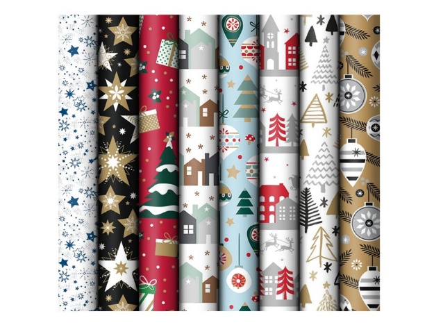 Vánoční balicí papír v roli – mix 8 různých motivů v červené, zlaté, bílé a černé barvě