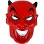 Plastová maska čerta v červené barvě s černými rohy a gumičkou na upevnění, velikost 21 × 15 cm