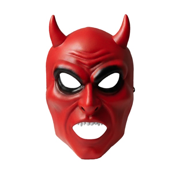 Červená plastová maska čerta s černými detaily a gumičkou, rozměr 21 × 15 cm
