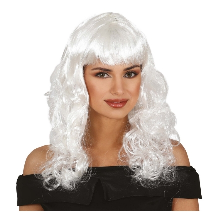 Dlouhá bílá kudrnatá dámská paruka s ofinou