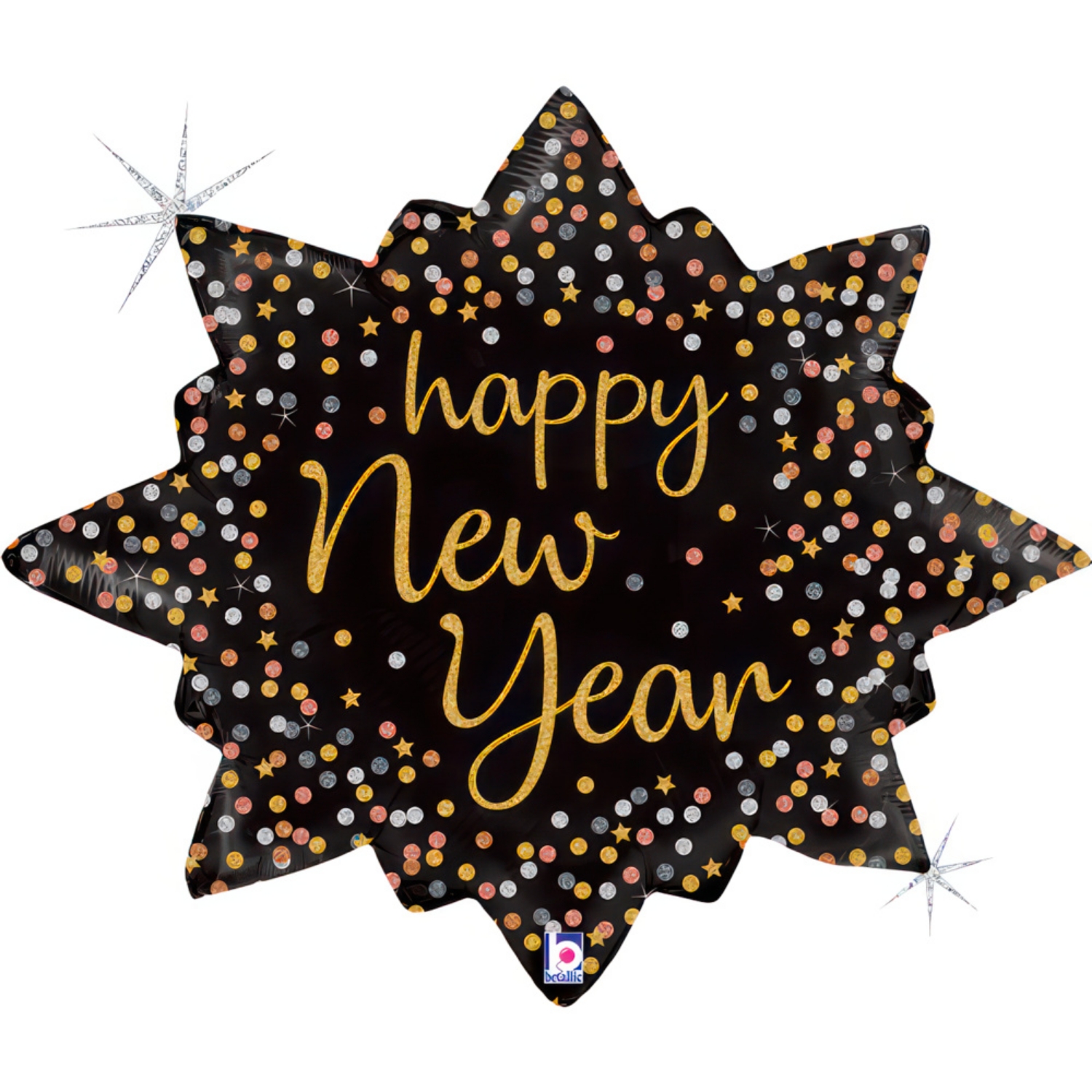 Foliový balonek Happy New Year hvězda - konfety 75 × 62 cm