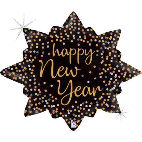 Levně Foliový balonek Happy New Year hvězda - konfety 75 × 62 cm