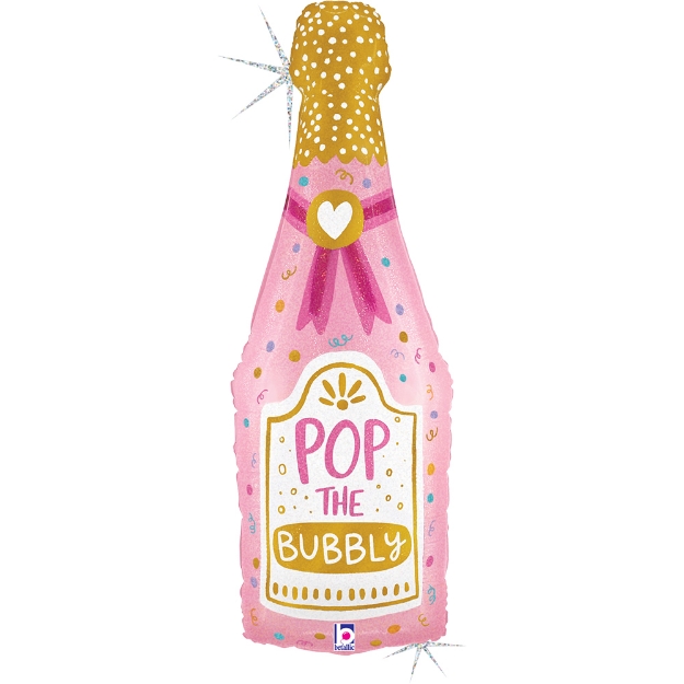 Růžový foliový balonek ve tvaru láhve Pop the Bubbly s holografickým efektem