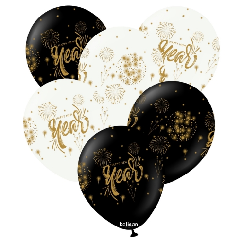 Levně Balonky Happy New Year s ohňostrojem – 30 cm, 6 ks