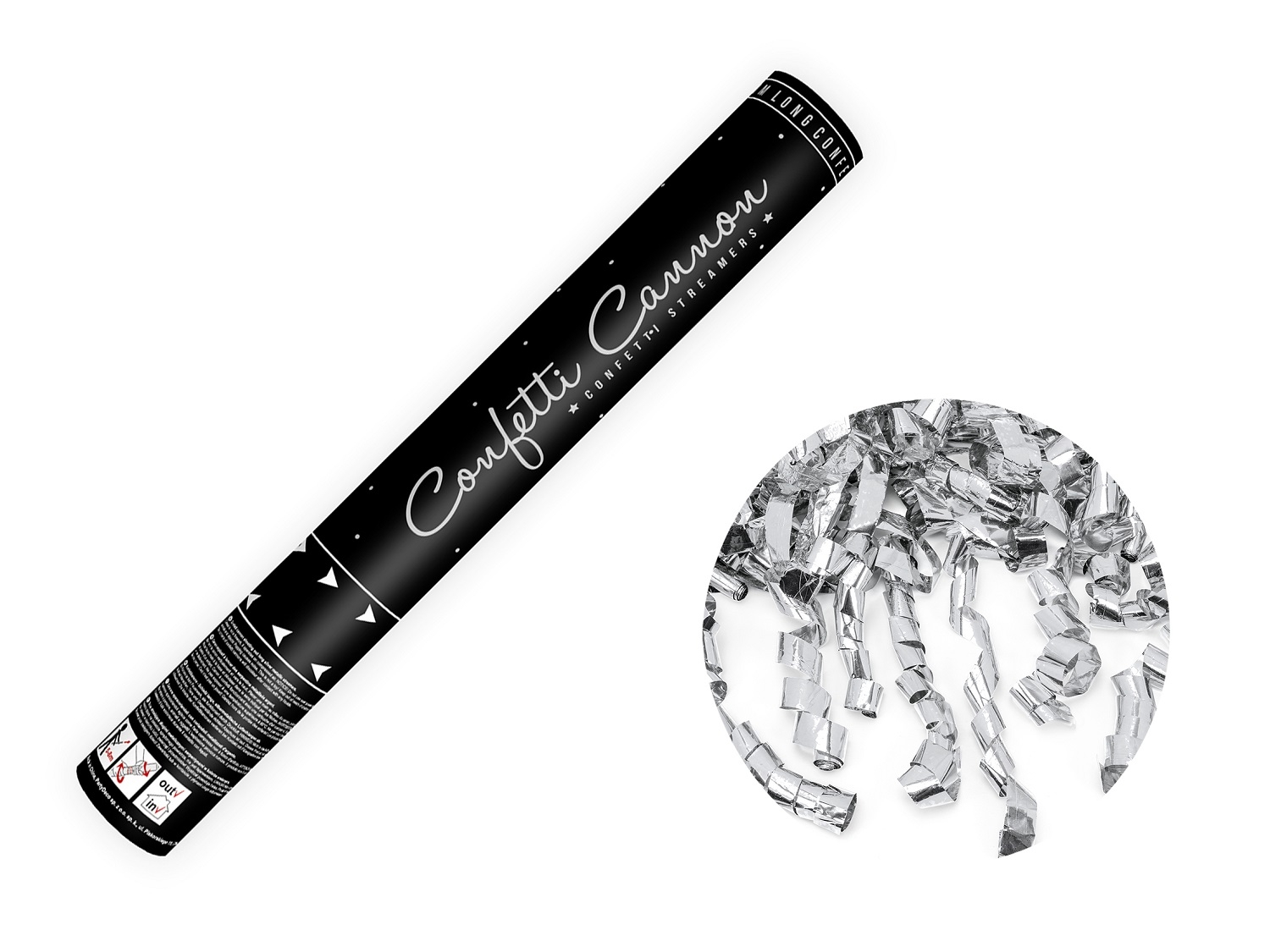 Vystřelovací konfety stříbrné serpentiny – 40 cm