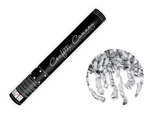 Vystřelovací konfety stříbrné serpentiny – 40 cm