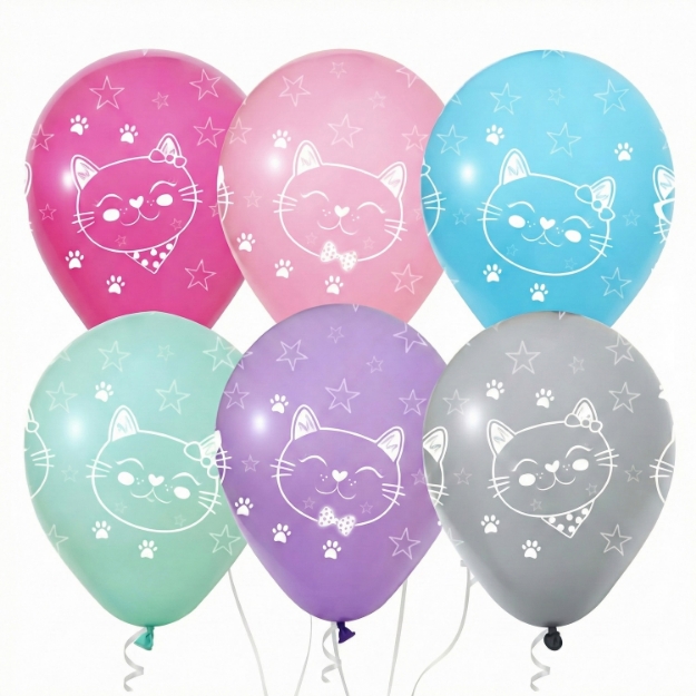 Latexové balonky s potiskem kočiček 30 cm, mix pastelových barev, balení 6 ks