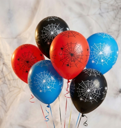 Latexové balonky s potiskem pavučin a pavouků 30 cm, červené, modré a černé, 6 ks