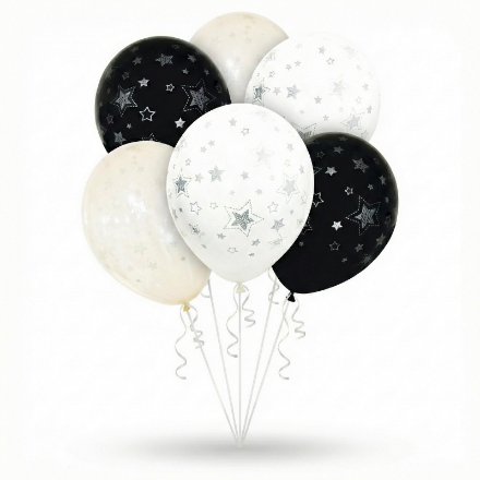 Latexové balonky 30 cm s potiskem stříbrných hvězd, mix černá bílá průhledná, balení 6 ks