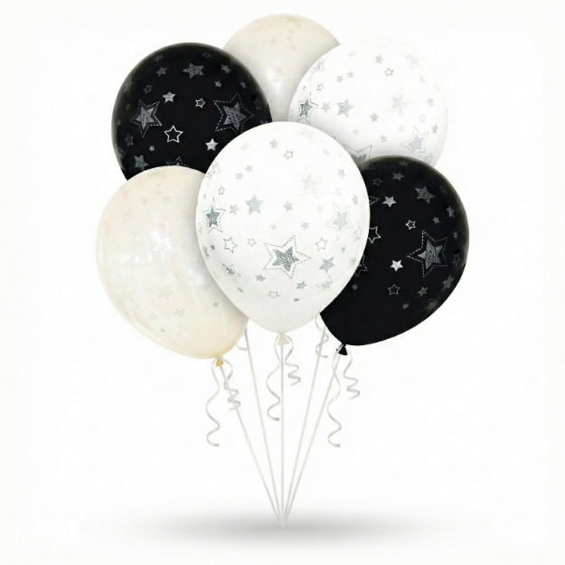 Latexové balonky 30 cm s potiskem stříbrných hvězd, mix černá bílá průhledná, balení 6 ks