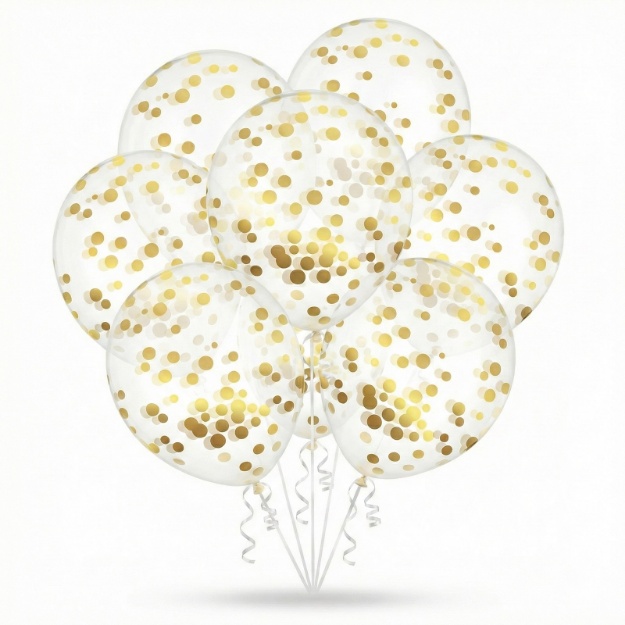 Průhledné latexové balonky 30 cm s potiskem zlatých konfet, lehké provedení, 6 ks