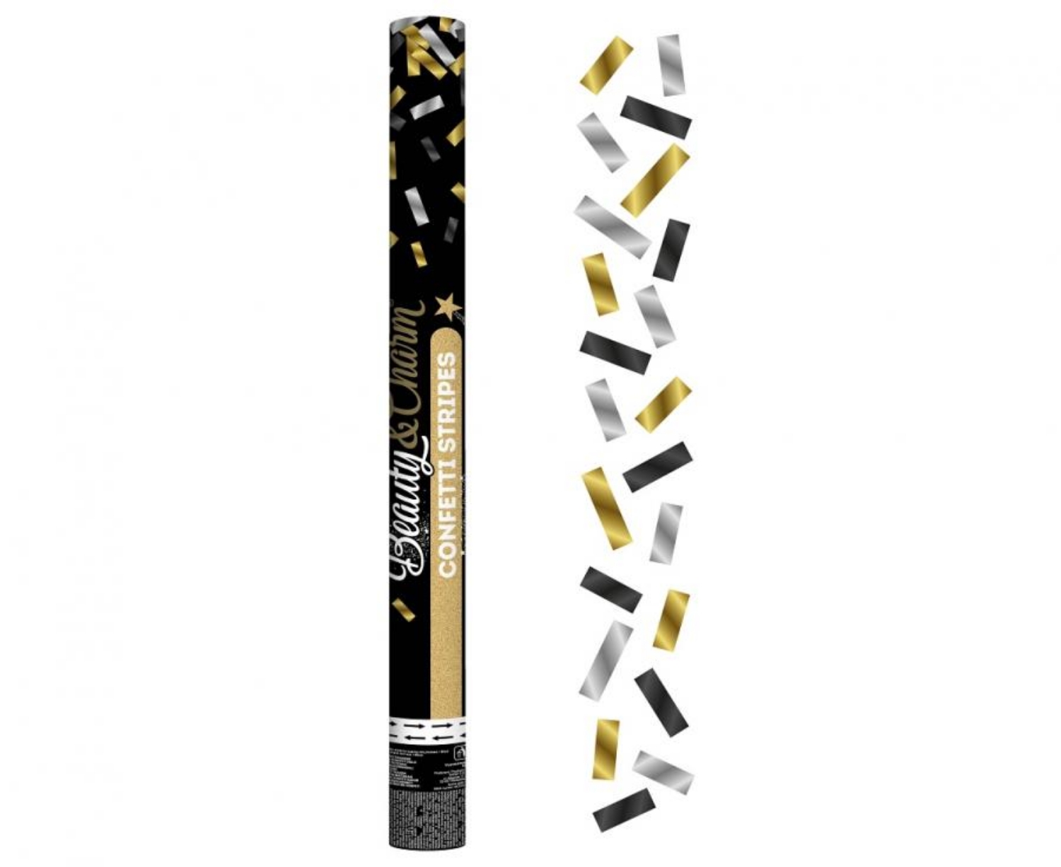 Vystřelovací konfety zlatá–stříbrná–černá, mix 60 cm