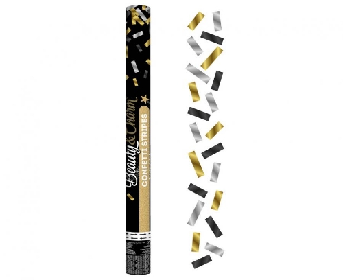 Vystřelovací konfety zlatá–stříbrná–černá, mix 60 cm