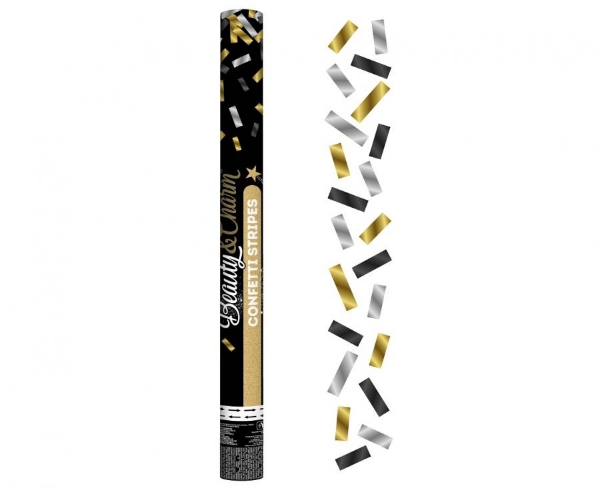 Vystřelovací konfety zlatá–stříbrná–černá, mix 60 cm