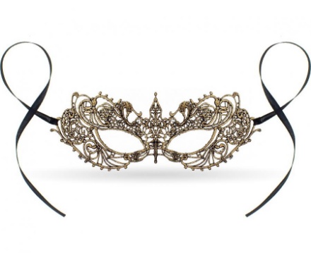 Karnevalová škraboška v krajkovém zlatém provedení s černými stuhami