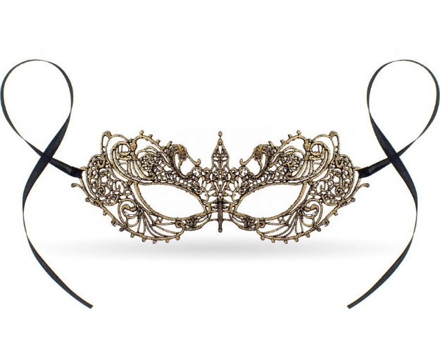 Karnevalová škraboška v krajkovém zlatém provedení s černými stuhami