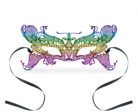 Duhová karnevalová škraboška s krajkovým vzorem a motivem motýlích křídel