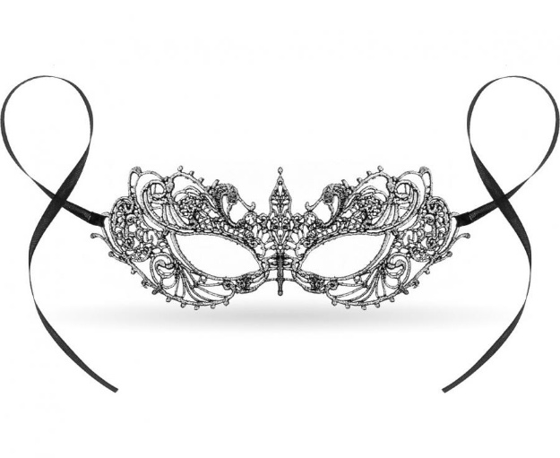 Karnevalová škraboška ve stříbrném krajkovém designu s černými stuhami