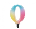 Dortová svíčka číslo 0 v pastelové duhové barvě s jemnými tečkami