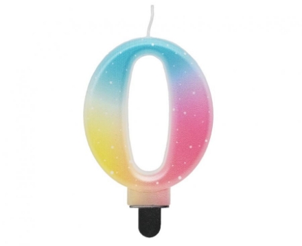 Dortová svíčka číslo 0 v pastelové duhové barvě s jemnými tečkami