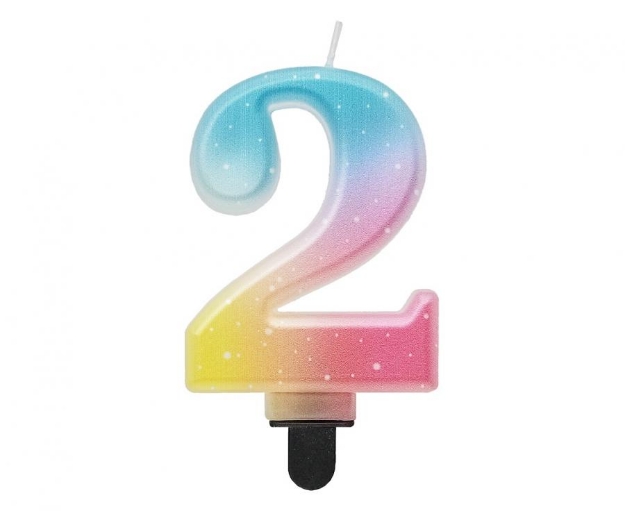 Pastelová narozeninová svíčka ve tvaru číslice 2 s duhovým přechodem