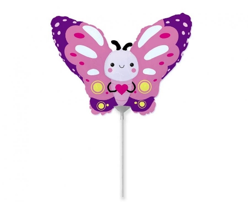 Levně Mini balónek na tyčku motýlek růžový - 35 cm