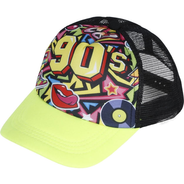 Neonová kšiltovka 90’s s barevným potiskem na bílém pozadí