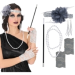 5dílný set Charleston 20. léta s čelenkou, náhrdelníkem a rukavicemi