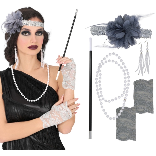 5dílný set Charleston 20. léta s čelenkou, náhrdelníkem a rukavicemi