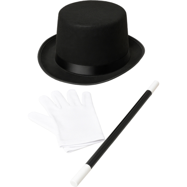 Dětský kouzelnický set s černým kloboukem, hůlkou a bílými rukavicemi