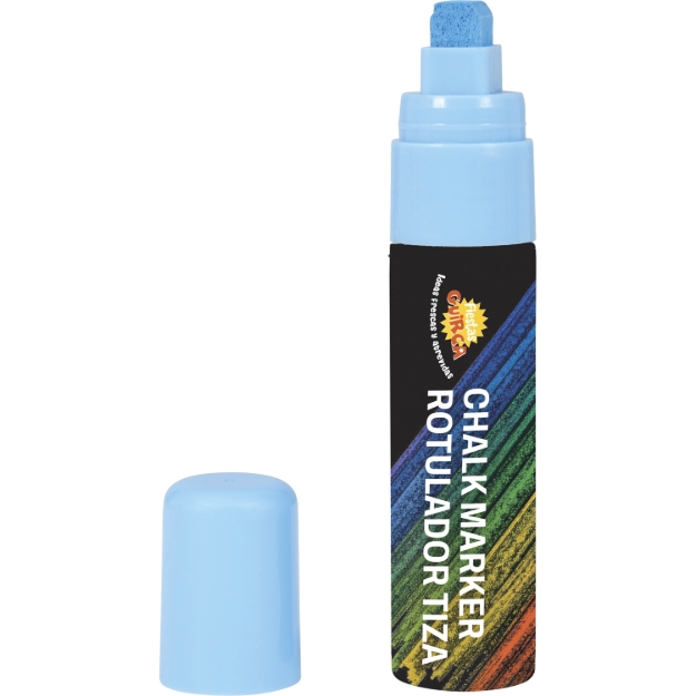 Modrý popisovač s tekutou křídou na tabuli