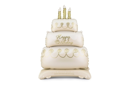 Stojící fóliový balonek dort Happy Birthday 70 x 100 cm béžovo-zlatý