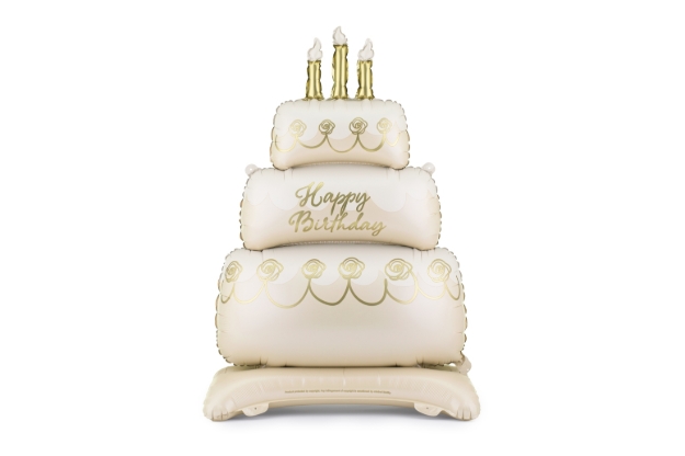 Stojící fóliový balonek dort Happy Birthday 70 x 100 cm béžovo-zlatý