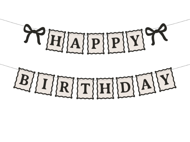 Papírová girlanda Happy Birthday v krémovo-černém provedení s mašlemi