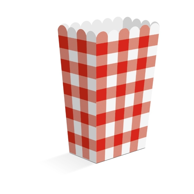Papírové krabičky na popcorn červené káro 13,5 cm, balení 8 ks