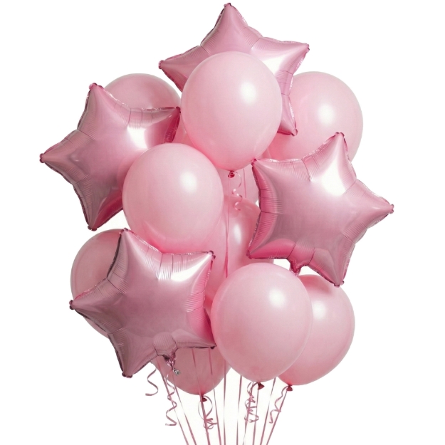 Balonkový buket světle růžový z latexových balónků 30 cm a fóliových hvězd 45 cm
